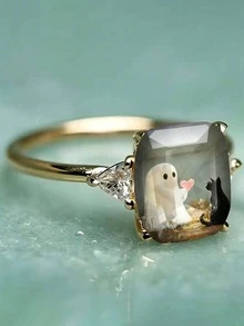 1pc Minimalist Cute Copper Ghost Cat Print Cartoon Ring, Suitable For Women's Daily Wear, Autumn/Winter, Dating, Party, Gift, Versatile - Gold - View 2