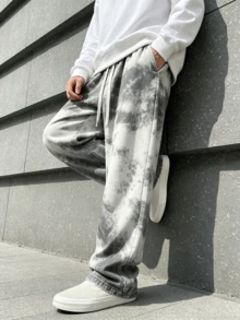 American Street Style Ink Wash Tie-Dye Print Casual Pants, Couple Style Gray Tone Gradient Cloud Pattern Drawstring High Waist Loose Draped Straight Leg Floor-Length Sweatpants - White - View 2