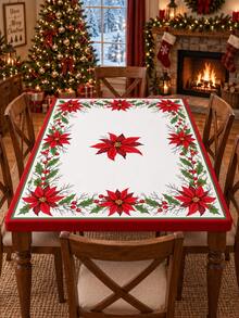 1pc Red Poinsettia & Holly Berry Elastic Tablecloth, Christmas Style Polyester Round/Square Fitted Table Cover With Elastic Edge, Wrinkle-Resistant Protective Dining Tablecloth For Christmas, Holiday Parties, Winter Home Decor - Multicolor - View 16