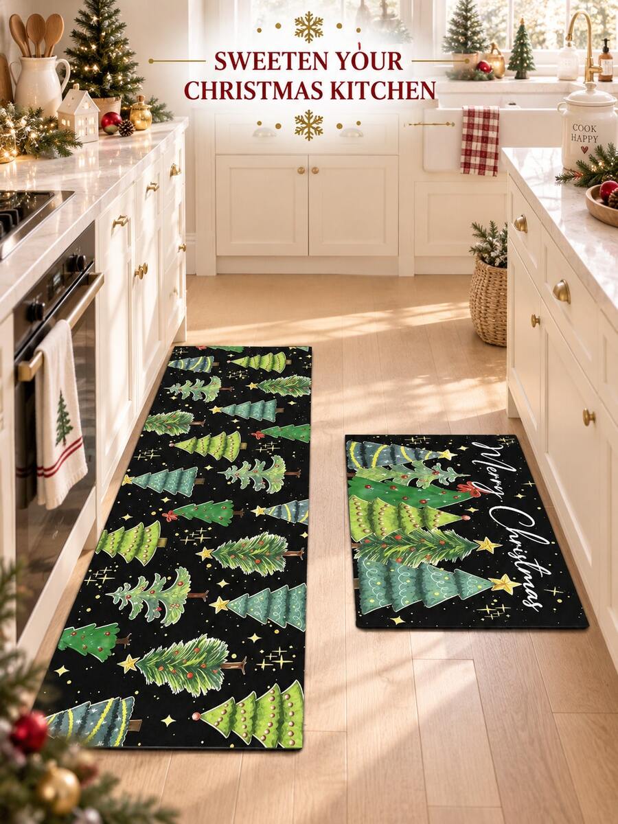 1/2pcs Christmas Kitchen Decor Rug, Christmas Tree Pattern Design, Winter Kitchen Rug And Mat, Non-Slip Washable Absorbent Kitchen Accessories Decor Mat, Christmas Holiday Gift! - Multicolor - View 1