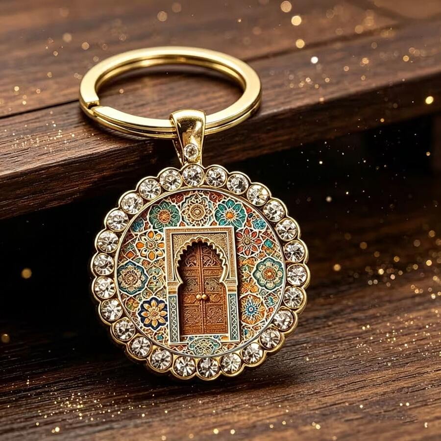 1PC Floral Gate Pattern Round Alloy Keychain, Fashion Bag & Car Accessory, Birthday Thanksgiving Christmas Gift For Men Women - Gold - View 1