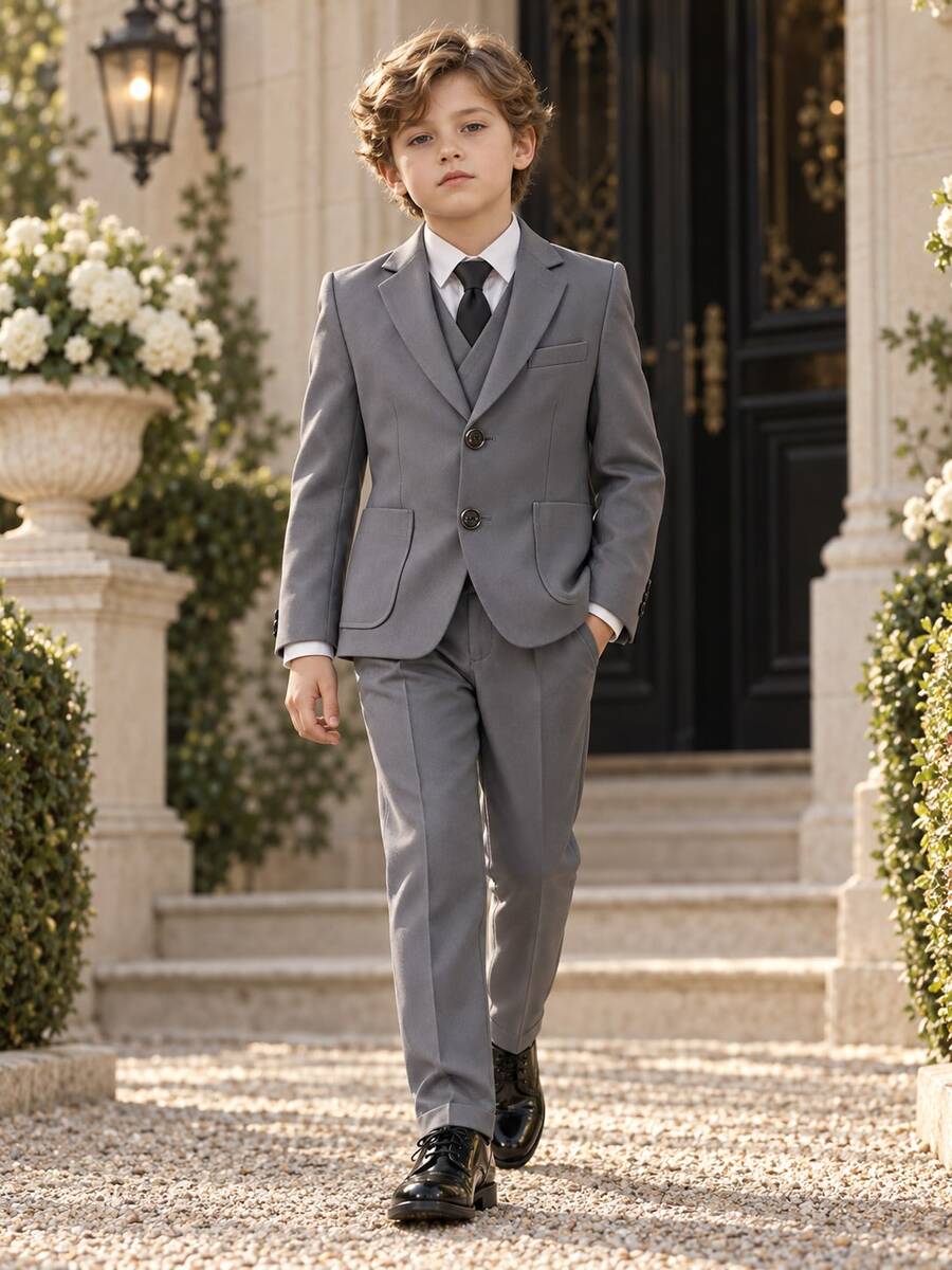 New Boys' Suit Set, Flower Boy Wedding Outfit, Performance Costume, British Style Boys' Performance Suit 3 Pieces Set, Suit Jacket And Pants - Grey - View 1
