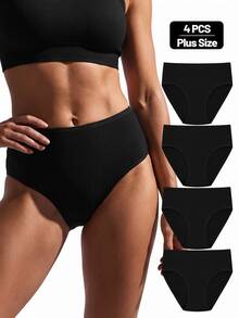 Teowryxou 4pcs Plus Size Women Black Ribbed Cotton Blend Mid Rise Triangle Panties, Soft Stretch Breathable Solid Briefs, Daily Underwear Pack - Black - View 2