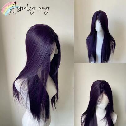 websterwigs 13x4 Dark Purple Wig Long Straight Purple Synthetic Lace Front Wigs For Woman Daily Use Heat Resistant Fiber Glueless Lace Wigs