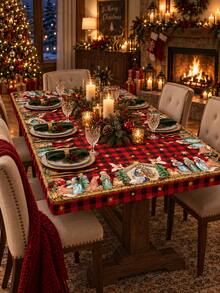 2pcs Red Buffalo Plaid Nativity Elastic Tablecloth Set, Vintage Christmas Stretch Polyester Round & Square Fitted Table Covers With Snug Edge, Wrinkle-Resistant Decor For Holiday Dining, Party, Kitchen & Winter Home - Multicolor - View 7