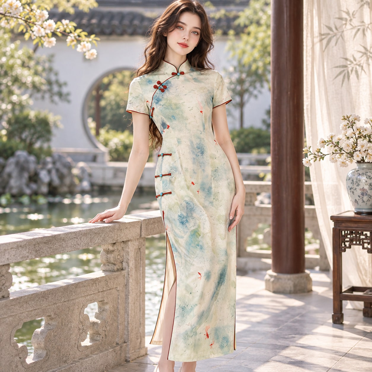 1PC Elegant Chinese Inspired Midi Qipao Dress, Stand Collar Short Sleeve Bodycon Dress For Banquet, Afternoon Tea, Art Show And Holiday Gathering