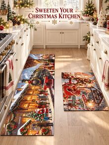 1/2pcs Christmas Kitchen Decor Rug, Merry Christmas, Winter Kitchen Rug And Mat, Non-Slip Washable Absorbent Kitchen Accessories Decor Mat, Christmas Holiday Gift! - Multicolor - View 3