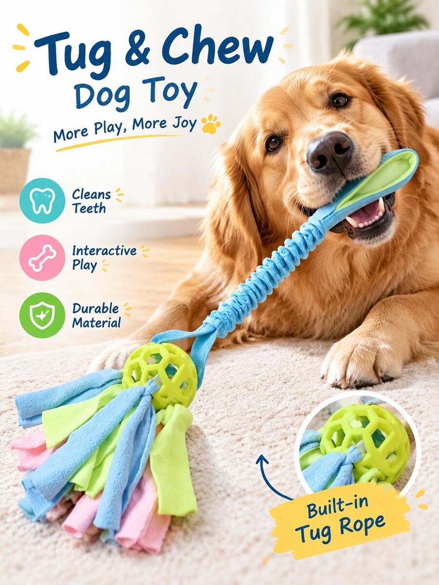 1pc Interactive Dog Toy With Rope Handle, Durable TPR Ball, Suitable For Small To Medium Dogs Chewing, Interactive Pet Sniffing Toy Ball, Puzzle Dog Chew Toy Food Foraging Skill Training With Mop Cloth, Autumn Pet Supplies Gift - Multicolor - View 1