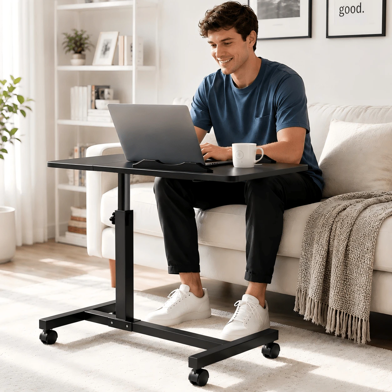 ERUIV C-Shaped Side Table With Wheels, Height Adjustable Laptop Table, Mobile Sofa Side Table With Tilting Split Tabletop, Bedside Coffee Table For Living Room, Bedroom And Office