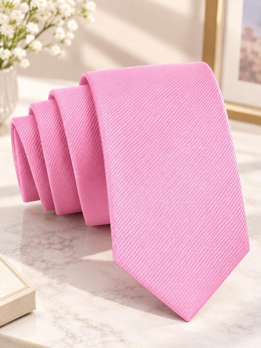 1pc Men's Pink Diagonal Ribbed Tie 8cm Hand-Tied Casual Solid Color Necktie - Light Pink - View 1