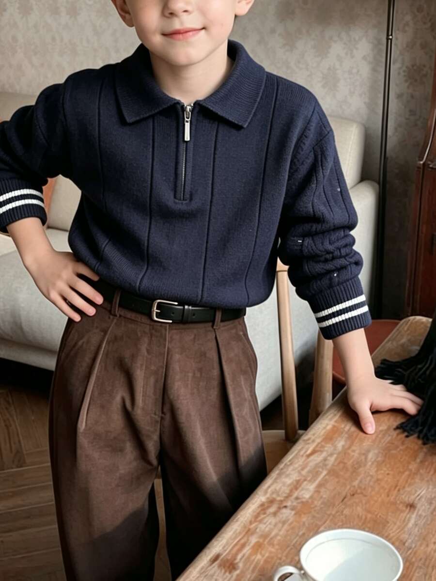 Boys Navy Half Zip Knit Polo Top, Preppy Style Long Sleeve Pullover Sweater For Daily Wear - Navy Blue - View 1