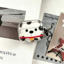 Cute Spotted Puppy Bluetooth Earphone Protective Case, With Black Round Ring Hook, Transparent Shell Body Printed With Black And White Spotted Puppy, Round Black Eyes, Red Collar With Yellow Bell, Soft And Healing. Wavy Asymmetrical Shell Body, Made Of Transparent Soft Material, Fits Bluetooth Earphone Body Tightly, Precise Charging Port Opening, Smooth Earphone Opening And Closing, Easy To Install And Remove. High-Definition Color Printing Process - Clear - View 1
