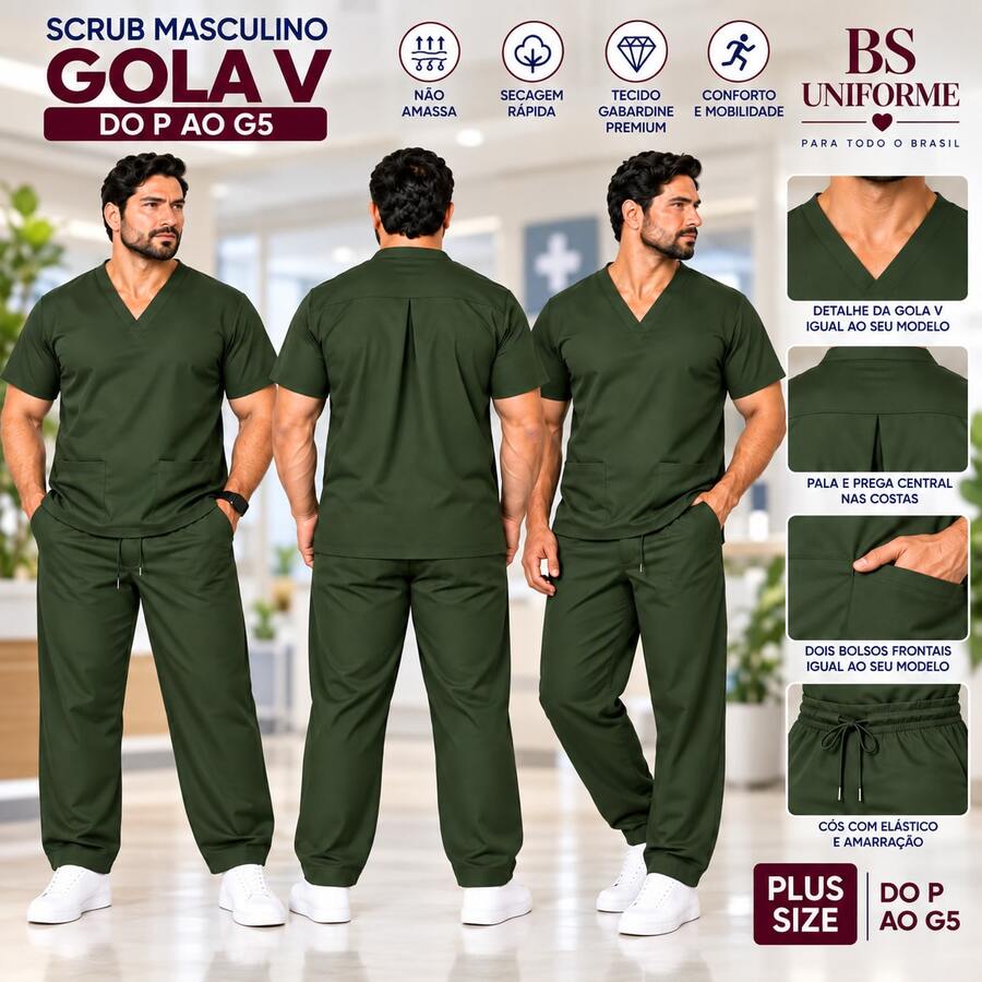Pijama Cirúrgico Masculino Scrub Gola V Conjunto Blusa e Calça P ao GG - Verde Militar - Visão 1
