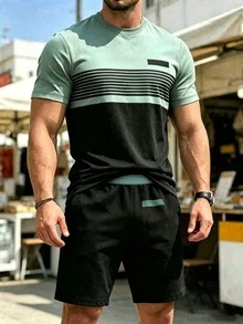 Khaki & Black Contrast Design Men's Crew Neck Short Sleeve T-Shirt And Matching Black Shorts 2 Pieces Set, 100% Polyester Lightweight Breathable Quick-Dry Fabric, Fashionable Sportswear Outfit For Summer - Multicolor - View 1