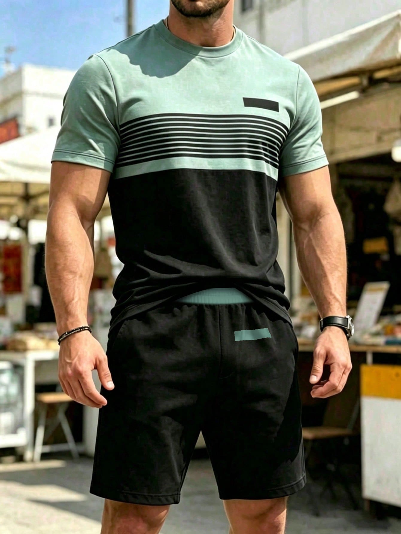 Khaki & Black Contrast Design Men's Crew Neck Short Sleeve T-Shirt And Matching Black Shorts 2 Pieces Set, 100% Polyester Lightweight Breathable Quick-Dry Fabric, Fashionable Sportswear Outfit For Summer - Multicolor - View 1