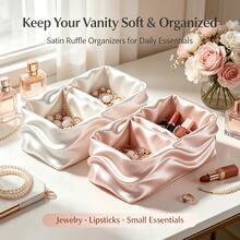 Satin Ruffle Edge Vanity Storage Box, Dual Compartment Design, Decorative Desktop Jewelry & Cosmetic Organizer For Earrings, Necklaces, Lipsticks, Romantic Vanity Decor For Women,Makeup Organizer,Room Decor - View 6