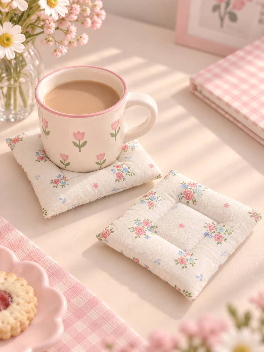 1PC Cute Pink Blue Floral Print Square Coaster, Sweet Table Decor Pad, Aesthetic Desktop Ornament For Coffee Mug & Tea Cup, Lovely Home Decoration For Dining Table, Tea Corner & Gentle Daily Table Styling. Room Decor, Christmas Decor Home