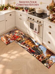 1/2pcs Christmas Kitchen Decor Rug, Merry Christmas, Winter Kitchen Rug And Mat, Non-Slip Washable Absorbent Kitchen Accessories Decor Mat, Christmas Holiday Gift! - Multicolor - View 2