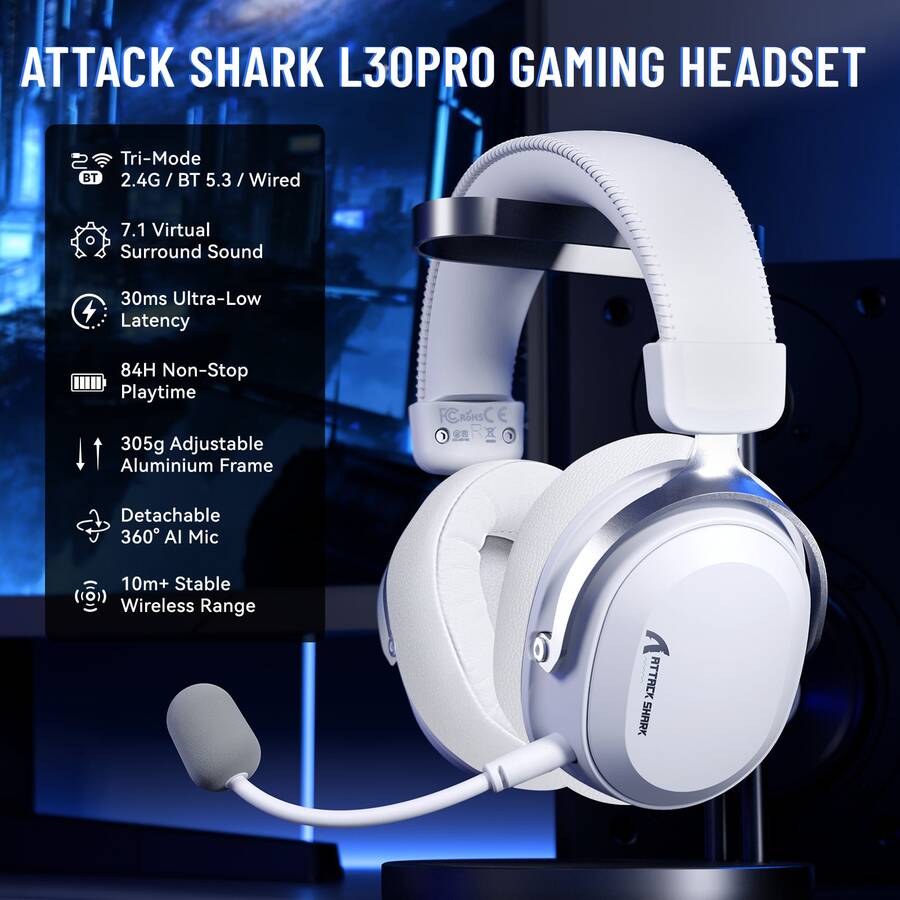 ATTACK SHARK L30Pro Wireless Gaming Headset, Supports 2.4GHz/Bluetooth/Wired Connection, Detachable Microphone, 7.1 Surround Sound, Ultra-Low Latency, Compatible With PC/PS/Xbox/Switch, Long Battery Life - View 1