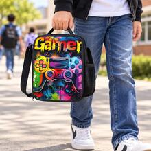 Colorful Game Controller & Graffiti Print Boy Teen Lunch Bag, Black Zipper Handbag With Top Handle, Shoulder Strap And Side Mesh Pocket - GAME-13 - View 3