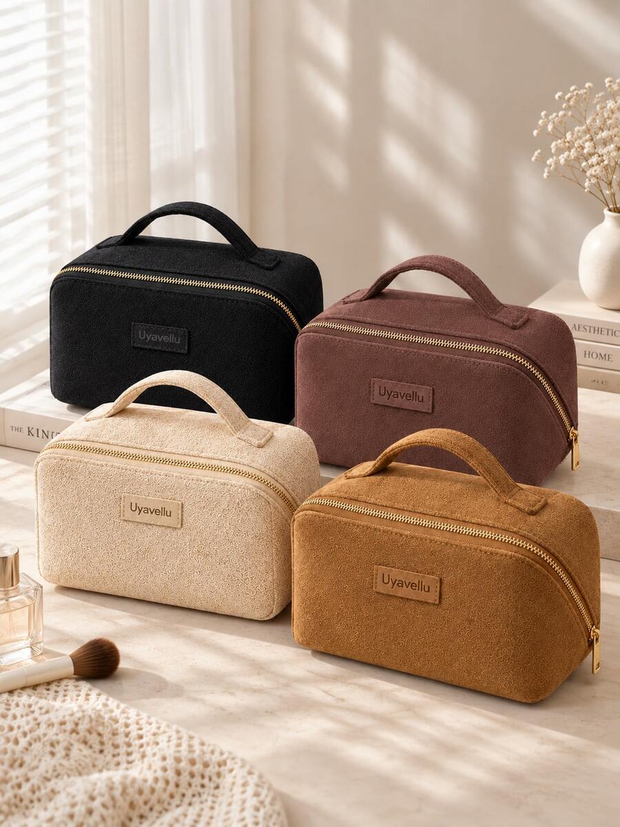 High End Suede Large Capacity Makeup Bag, Simple Solid Color Vacation Red Envelope, Zipper Portable Storage Bag, Elegant Handbag, Women's Handbag, Cute Storage Bag, Suitable For Bedroom, Travel, Vacation And Campus Use - Multicolor - View 1