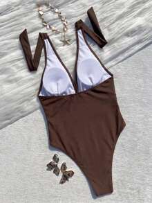 HOTTIE HABIT Brown Deep V Halter Neck Twist Front Gold Ring Bodysuit Sleeveless Backless Tight One Piece Cami Top Going Out Clubwear - Brown - View 6