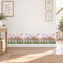 Garden Fence Flower Wall Decals, Colorful Tulip Rose Daisy Floral Wall Stickers With Butterfly, Removable Spring Garden Baseboard Wall Art Decor For Living Room Bedroom Entryway Home Decoration - ZL3601A - View 3