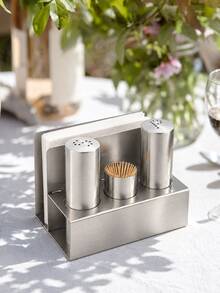 4-Piece Stainless Steel Condiment Set, Salt And Pepper Shakers, Toothpick Holder, Napkin Holder, Brushed Finish, Compact Tabletop Organizer, Suitable For Kitchen, Dining Table, Restaurant, Cafe, Saudi National Day Dining, Christmas Table Setting And Gifts - Multicolor - View 5