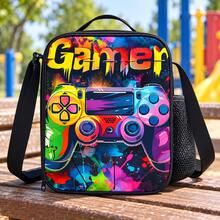 Colorful Game Controller & Graffiti Print Boy Teen Lunch Bag, Black Zipper Handbag With Top Handle, Shoulder Strap And Side Mesh Pocket - GAME-13 - View 2