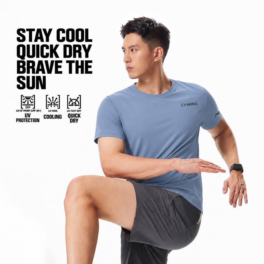 Kaos Pria LI-NING, Menyerap Keringat, Cepat Kering, Sensasi Es, Kaos Lengan Pendek Atletik ATSW477 - Yoyo Biru - View 1