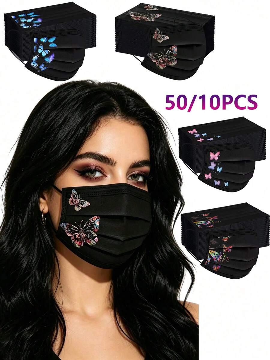 10/50pcs Black Disposable 4-Ply Women's Face Masks, Butterfly Print Pleated Masks With Elastic Ear Loops And Nose Clip, Fashionable Disposable Masks Suitable For Daily Wear, Work, Office, Travel And Outdoor Use - Multiple Styles - View 1