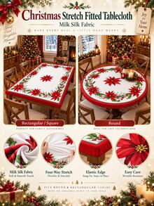 1pc Red Poinsettia & Holly Berry Elastic Tablecloth, Christmas Style Polyester Round/Square Fitted Table Cover With Elastic Edge, Wrinkle-Resistant Protective Dining Tablecloth For Christmas, Holiday Parties, Winter Home Decor - Multicolor - View 8