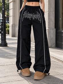Women's Black Printed Colorblock Trim Wide Leg Casual Pants, Elastic Waist Drawstring Hem, Daily Street Style - Black - View 1