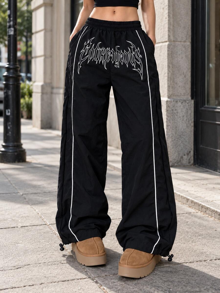 Women's Black Printed Colorblock Trim Wide Leg Casual Pants, Elastic Waist Drawstring Hem, Daily Street Style - Black - View 1