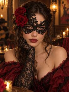 Black Lace Red Rose Masquerade Mask Hair Accessory, Suitable For Bridal Wedding, Bachelorette Party, Halloween Decoration - Black - View 2