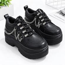 Sepatu Bot Ankle Wanita Gaya Gothic Punk dengan Dekorasi Rantai, Sol Tebal, Tali Elastis, Ujung Bulat, Hak Tebal, Sepatu Bot Ankle Cosplay Y2K - Hitam - View 1