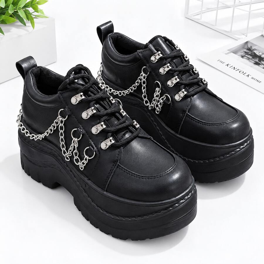 Sepatu Bot Ankle Wanita Gaya Gothic Punk dengan Dekorasi Rantai, Sol Tebal, Tali Elastis, Ujung Bulat, Hak Tebal, Sepatu Bot Ankle Cosplay Y2K - Hitam - View 1
