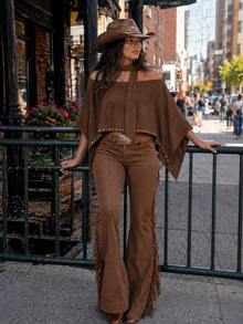 Women's Fall Winter Maillard Style Studded Off-Shoulder Loose Top, Neck Tie Design, Daily Commute, Back To School/College, Festival Outfits - Brown - View 10