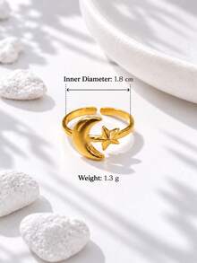 Cincin Terbuka Emas dengan Motif Bulan & Bintang Terhubung, Cincin Terbuka Wanita dengan Desain Bintang & Bulan yang Dapat Dipersonalisasi, Cincin yang Dapat Diatur, Aksesori untuk Perjalanan Sehari-hari, Kencan, dan Pesta. - Emas - View 5