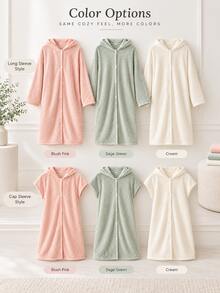 Women's Soft Fleece Hooded Bathrobe, Comfortable Long Sleeve Mid-Length Loose Plush Loungewear, For After Bath And Bedroom Wear, Autumn/Winter Mother's Day Gift - Multicolor - View 5
