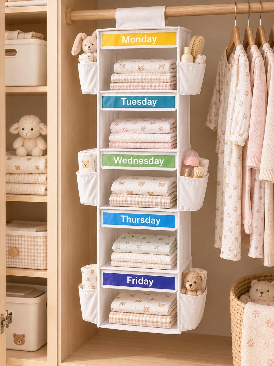 Multi-Layer Hanging Closet Organizer Bag, Fabric Storage Bag With Labels, Baby Room Clothing Storage Organizer Rack - Transparent - View 1