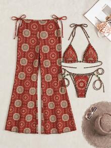 Elegant Women's Spring/Summer Halter Neck Red Printed High Elastic Fabric Sexy Casual Beach Pool Bikini Set, Suitable For Christmas - Multicolor - View 3