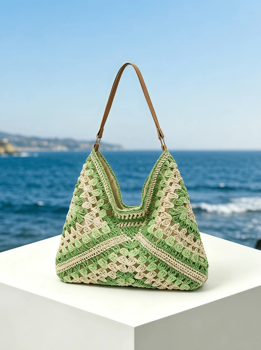 CAJUNI Tas Tote Kapasitas Besar Motif Kotak-kotak Nenek Tenun Buatan Tangan untuk Wanita, Tas Rajutan