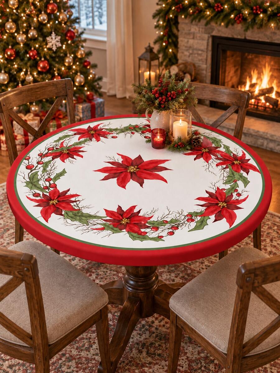 1pc Red Poinsettia & Holly Berry Elastic Tablecloth, Christmas Style Polyester Round/Square Fitted Table Cover With Elastic Edge, Wrinkle-Resistant Protective Dining Tablecloth For Christmas, Holiday Parties, Winter Home Decor - Multicolor - View 1