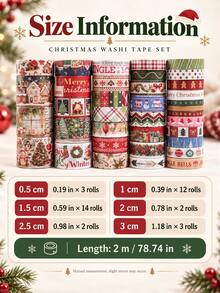 36 Rolls/Box Vintage Christmas Washi Tape Set - Multi-Size Design Holiday Decorative Tape,For Gifts And Wrapping, Scrapbooking, And Card Decorations - Multicolor - View 2