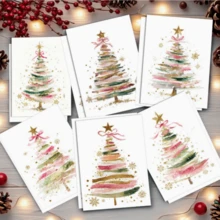 مجموعة بطاقات تهنئة شجرة عيد الميلاد بألوان مائية خضراء فاتحة 24/12 قطعة، 6 تصاميم مختلفة مرسومة يدويًا مع أظرف من ورق الكرافت، تصميم نجوم وثلج وفيونكة بمسحوق ذهبي، بطاقات رسائل تهنئة مكتوبة يدويًا لعيد الميلاد لهدايا العطلات - أطقم - مشاهدة 4