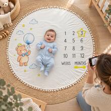 Round Baby Monthly Milestone Blanket, Teddy Bear Balloon Print, 1-12 Weeks & Months Growth Photo Backdrop With Pom Pom Trim, Newborn Photography Props - Multicolor - View 2