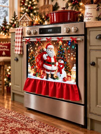 Winter Snowy Christmas Oven Curtain, Santa Claus With Gift Bag And Snowman Oven Door Decoration, Home Kitchen Christmas Decor