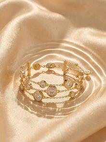 Swarovski Gold-Tone Multi-Row Crystal Chain Bracelet - Layered Round Cut Pave Charm Bracelet With Toggle Clasp, Elegant Luxury Jewelry Gift - Gold - View 4