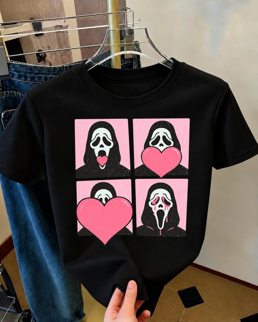 Camiseta estampada para mujer con Temática de Halloween cuatro cuadros de máscara terrorífica, elementos de corazón rosa, diseño de líneas gruesas, estilo dibujo a mano - Negro - Ver 1